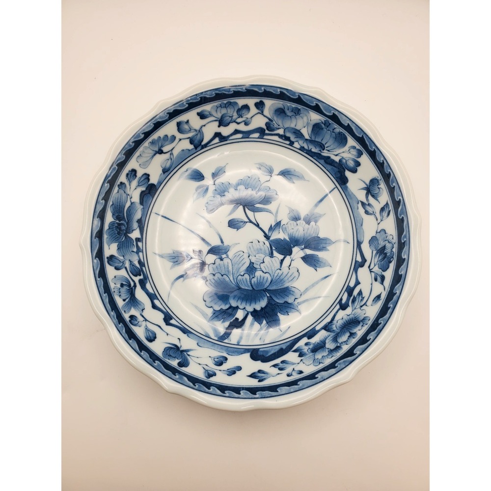 Vintage Blue Takamine Japan 8" Coupe Soup Bowl Peony Scalloped Rim
